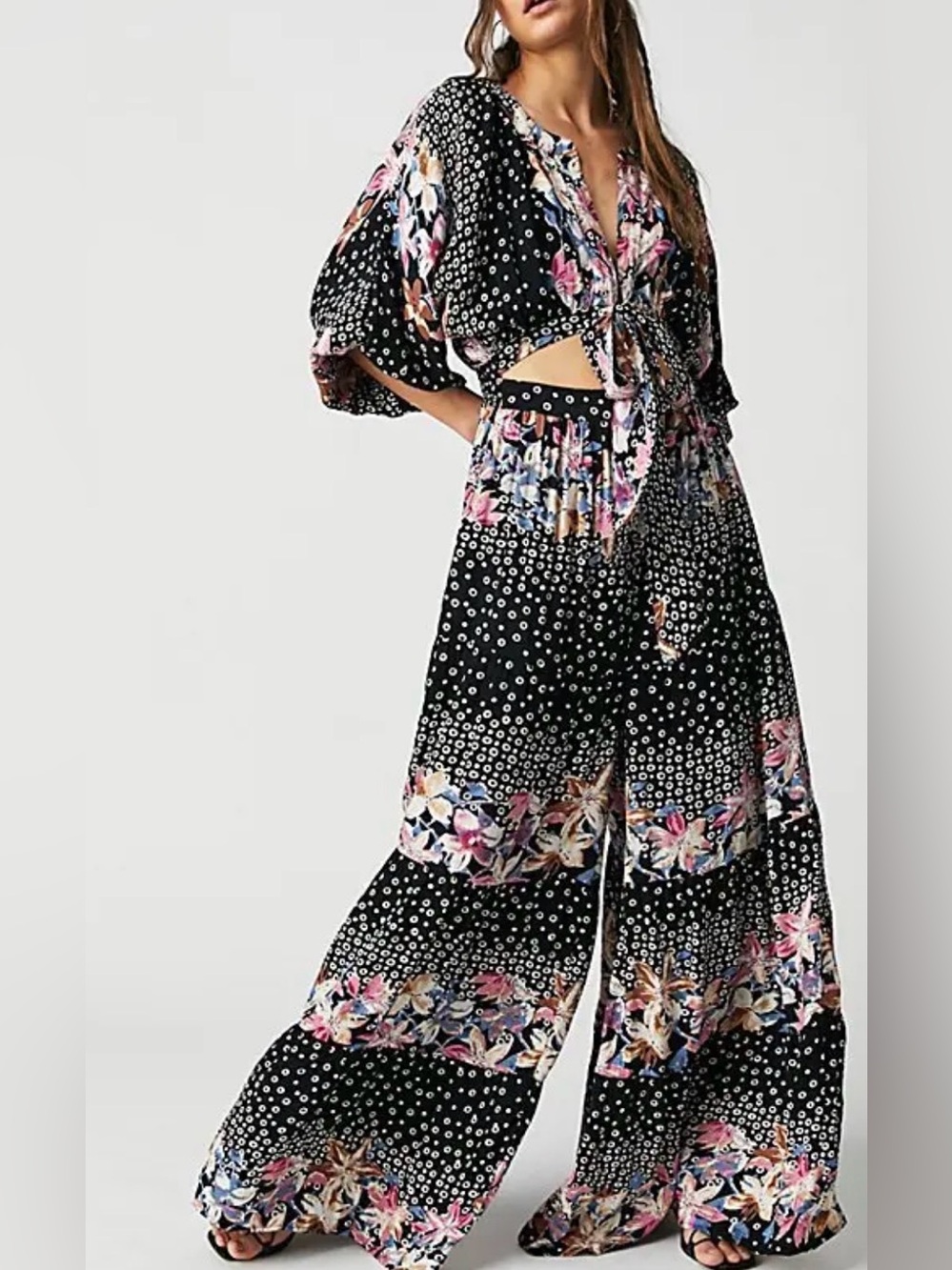 Free People Floral Wide Leg Jumpsuit Black Tie Waist Boho